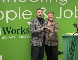 Colby Davenport is honored as 2022 Digital Works Student of the Year. Pictured with Tammy Spring, Digital Works Operations Manager.